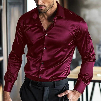 Men's Silk Dress Shirt | Long Sleeve | No-Iron Anti-Wrinkle | Lapel Collar | Elegant Silk Fabric | Business Formal Shirts | Tailored Fit | Timeless Sophistication | Versatile Wardrobe Staple