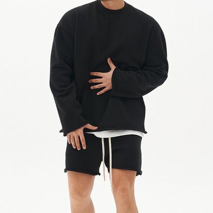 Men's Casual Loose Fit Sweatshirt & Shorts Set | Solid Color | Cotton Pullover | Autumn Winter Spring | Mid Waist | Short Pants | Long Sleeve