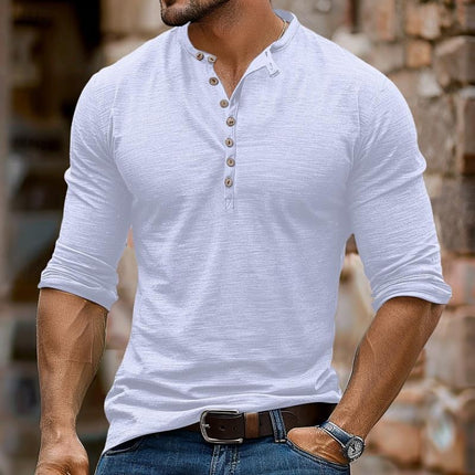 Men's Henley Collar T-Shirt | Long Sleeve | Multi-Button Detail | Soft Cotton Blend | Relaxed Fit | Solid Color | Versatile Casual Layering Essential | Ideal for Fall & Spring | Comfortable Everyday Wear