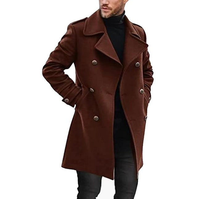 Men's Double Breasted Mid-length Coat | High-quality Fabric | Classic Notched Lapel Design | Warmth & Style | Multiple Pockets | Tailored Fit | Formal & Casual Occasions | Dry Clean or Machine Wash