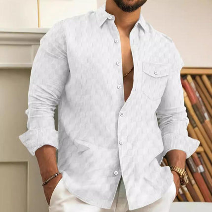 Men's Casual Dress Shirt | Solid Plaid Pattern | Long Sleeve | Lapel Collar | Chest Pocket | Cotton Linen Blend | Versatile Regular Fit | Buttoned Cuffs | Suitable for Spring and Autumn | Classic Style