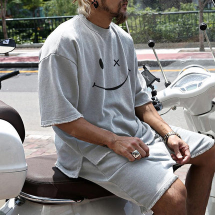 Men's Casual T-Shirt and Shorts Set | Loose Fit | Smiley Print | Cotton Blend | Round Neck | Short Sleeve | Short Pants | Mid Waist | Spring Summer Autumn Wear | Comfortable Street Style