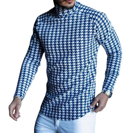 Men's Retro Turtleneck Long Sleeve T-Shirt | Houndstooth Print | Casual Checkerboard Pattern | High Neck Design | Soft Cotton Blend | Fashionable & Comfortable Fit | Versatile for All Occasions