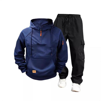Men's Activewear Set | Hooded Sweatshirt with Long Sleeves & Kangaroo Pocket | Cotton Blend Cargo Pants with Drawstring & Multiple Pockets | Solid Color | Relaxed Fit | Ideal for Casual & Outdoor Wear