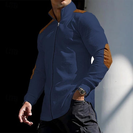 Men's Stand Collar Long Sleeve Shirt | Color Block Design | Waffle Texture | Zipper Closure | Cotton-Polyester Blend | Casual Smart Casual Wear | Comfortable Fit | Stylish Versatile Top