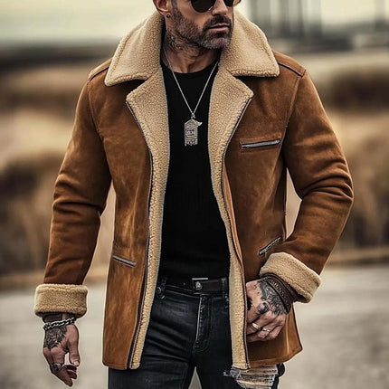 Men's Coat | Fleece Lined Suede | Single Breasted | Multi-Pocket | Lapel Collar | Warm Outerwear | Stylish & Functional | Winter Jacket | Durable Long Sleeve | Premium Suede Fabric | Versatile Layering