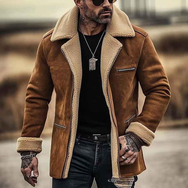 Men's Coat | Fleece Lined Suede | Single Breasted | Multi-Pocket | Lapel Collar | Warm Outerwear | Stylish & Functional | Winter Jacket | Durable Long Sleeve | Premium Suede Fabric | Versatile Layering