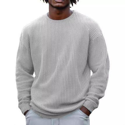 Men's Long Sleeve Waffle Knit Sweatshirt | Solid Color | Round Neck | Casual Layering | Soft Cotton Blend | Versatile Urban Fashion | Sizes S-5XL | Cool Weather Essentials