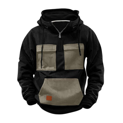 Men's Colorblock Design Half Zip Hoodie | Front Pocket | Casual Sportswear | Soft Cotton Blend | Breathable and Durable | Regular Fit | Long Sleeves with Ribbed Cuffs | Modern Stand Collar | Adjustable Ventilation