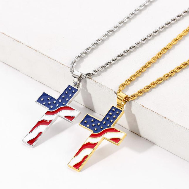 Vintage American Flag Necklace | Patriotic Jewelry | Cross Pendant | Casual Style | Unisex Fashion Accessory