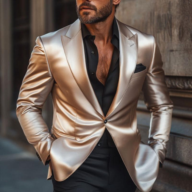 Men's Slim Fit Blazer | Retro Elegant Satin | Peak Lapel | Single Breasted | Luxurious Smooth Finish | Formal & Upscale Events | Modern Tailoring | Versatile Stylish Wardrobe Essential