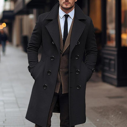 Men's Double Breasted Long Coat | Solid Notch Lapel | Winter Outerwear | Elegant Formal Classic Style | Refined Tailored Fit | Premium Material | Versatile Sizes | Timeless Charm for Cold Season