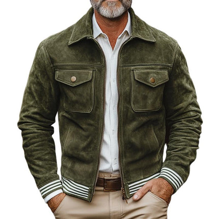 Men's Suede Jacket | Striped Trim | Lapel Collar | Chest Pocket | Zipper Closure | Casual Outerwear | Long Sleeve | Soft Suede Material | Versatile Styling | Available S to 3XL | Timeless Design