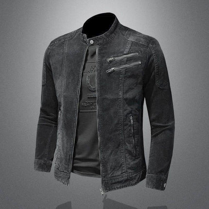 Men's Denim Biker Jacket | Vintage Washed | Classic Style | Snap Button Stand Collar | Full-Length Sleeves | Buttoned Cuffs | Multiple Pockets | Durable & Breathable Fabric | Casual Outerwear