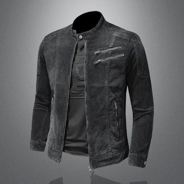 Men's Denim Biker Jacket | Vintage Washed | Classic Style | Snap Button Stand Collar | Full-Length Sleeves | Buttoned Cuffs | Multiple Pockets | Durable & Breathable Fabric | Casual Outerwear