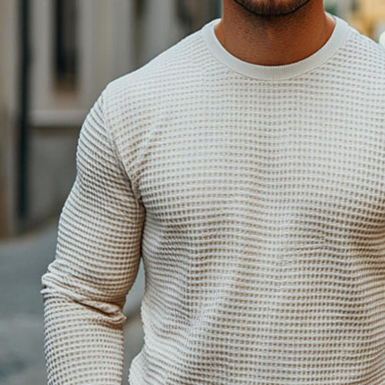 Men's Retro Casual Waffle Texture Long Sleeve Round Neck T-Shirt | Comfortable Cotton Blend | Solid Color | Versatile Wardrobe Essential | Sizes S-3XL | Stylish Layering Option