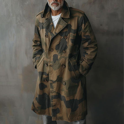 Men's Camouflage Trench Coat | Lapel Collar | Double Breasted | Mid-Length | Cargo Pockets | Durable Fabric | Long Sleeves | Adjustable Cuffs | Sizes S-XXXL