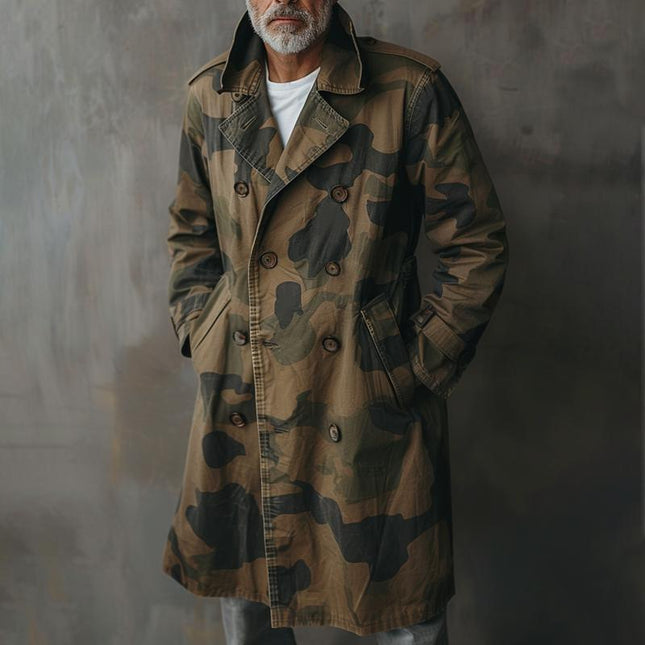 Men's Camouflage Trench Coat | Lapel Collar | Double Breasted | Mid-Length | Cargo Pockets | Durable Fabric | Long Sleeves | Adjustable Cuffs | Sizes S-XXXL