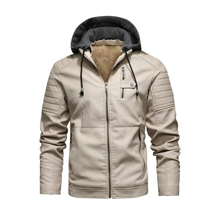 Men's Hooded Leather Jacket | Vintage Look | Fleece Lined | Slim Fit | Warm Casual Outerwear | Zip-Up Closure | Durable Leather | Wind-Resistant | Multiple Pockets | Versatile Style