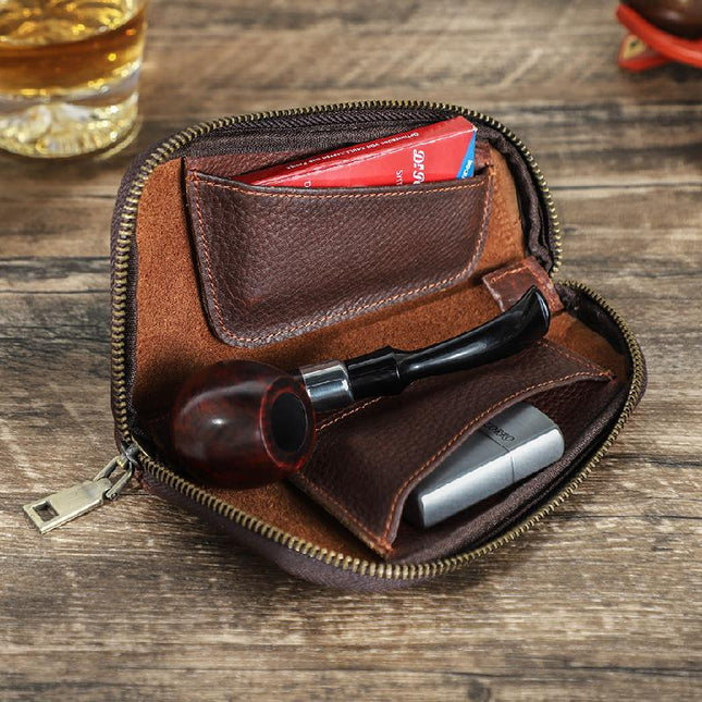 Men's Tobacco Leather Storage Bag | Multifunctional Portable Organizer | Premium Leather | Spacious Compartments | Multiple Pockets | Compact Travel Design | Stylish Smoking Accessories Holder