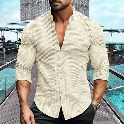 Men's Waffle Texture Shirt | Solid Color | Lapel Collar | Long Sleeve | Button Up | Casual & Semi-Formal | Premium Fabric | Classic Design | Versatile Fit | Multiple Sizes | Layering Essential