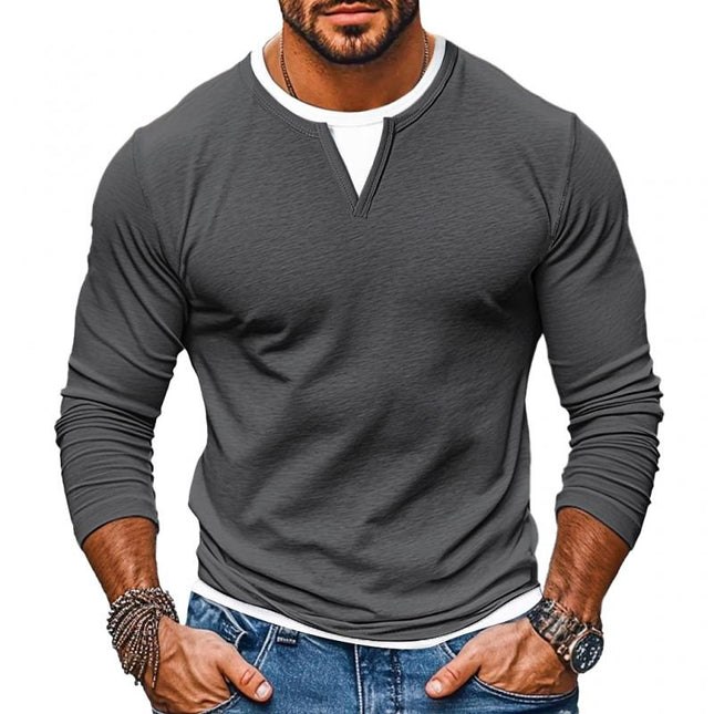 Men's Double Layer V-Neck T-Shirt | Casual Color Block Design | Long Sleeves | Fake Two-Piece Layered Look | Soft Lightweight Stretch Fabric | Regular Fit | Versatile Fashion Staple