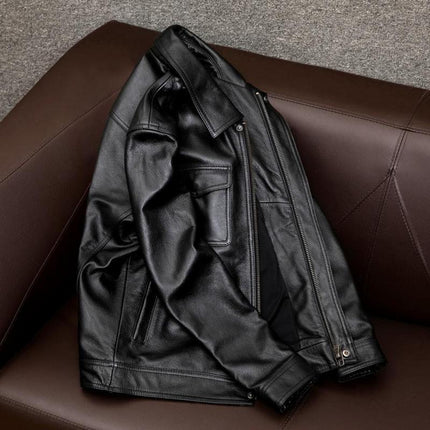 Men's Premium Vintage Leather Jacket | Lapel Collar | Long Sleeve | Double Chest Pockets | Genuine Leather | Solid Color with Distressing | Hip-Length | Regular Fit | Perfect for Fall, Winter, and Spring
