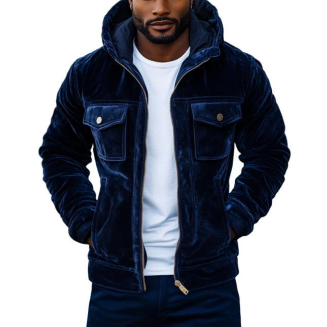 Men's Vintage Velvet Hooded Jacket | Multi-Pocket Slim Fit | Zip-Up | Soft Luxurious Fabric | Casual Outerwear | Lightweight & Stylish | Retro Modern Design