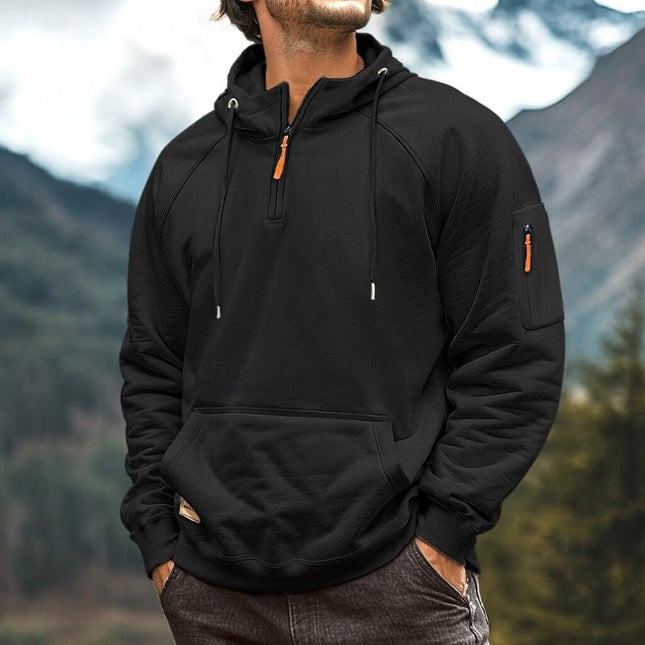 Men's Relaxed Fit Half-Zip Multi-Pocket Hooded Sweatshirt | Soft Cotton-Blend | Lightweight Fleece Lining | Adjustable Hood | Solid Color | Ribbed Cuffs | Casual Outerwear