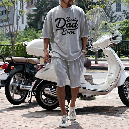 Loose Fit Men's Fashion T-Shirt & Shorts Set | Father's Day Print | Cotton Blend | Short Sleeve | Round Neck | Mid Waist | Spring Summer Autumn Casual Style