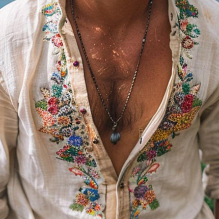 Men's Long Sleeve Vintage Embroidered Shirt | Casual Cotton | Pointed Collar | Adjustable Button Cuffs | Breathable Soft Fabric | Sizes S-3XL | Men's Retro Style | Comfortable for Social Gatherings