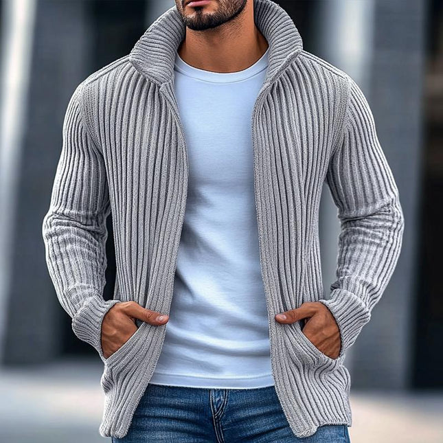 Men's Knit Cardigan | Stand Collar | Solid Color with Striped Details | Long Sleeve | Button-Down Front | Ribbed Cuffs & Hem | Sizes S-3XL | Fashionable Outwear for Casual or Smart-Casual Wear