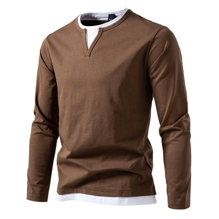 Men's Double Layer V-Neck T-Shirt | Casual Color Block Design | Long Sleeves | Fake Two-Piece Layered Look | Soft Lightweight Stretch Fabric | Regular Fit | Versatile Fashion Staple