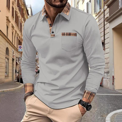 Men's Long Sleeve Polo Shirt | Checked Stitching Design | Casual Lapel Collar | Soft Breathable Fabric | Smart-Casual Versatile Style