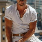 Men's Henley Collar T-Shirt | Solid Color | Short Sleeve | Buttoned Placket | Casual Everyday Wear | Versatile Style | Comfortable Fabric | Easy Pairing