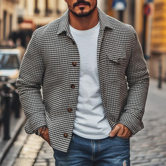 Men's Houndstooth Shirt Jacket | Vintage Lapel Design | Single Breasted Closure | Classic Outerwear | Versatile Layering | Stylish and Practical | Casual & Semi-Formal Wear | Comfortable Fit | Functional Pockets