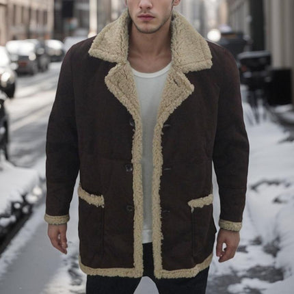 Men's Shearling Coat | Solid Color | Wide Shearling Collar | Suede-Like Fabric | Mid-Thigh Length | Relaxed Fit | Long Sleeves | Button Closure | Casual to Smart-Casual | Fall & Winter Essentials