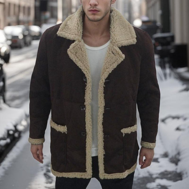 Men's Shearling Coat | Solid Color | Wide Shearling Collar | Suede-Like Fabric | Mid-Thigh Length | Relaxed Fit | Long Sleeves | Button Closure | Casual to Smart-Casual | Fall & Winter Essentials