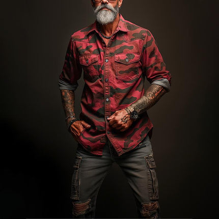 Men's Camouflage Print Cargo Shirt | Classic Lapel Collar | Long Sleeves with Buttoned Cuffs | Durable Cotton Blend | Regular Fit | Chest and Cargo Pockets | Front Button Closure | Sizes S-XXXL