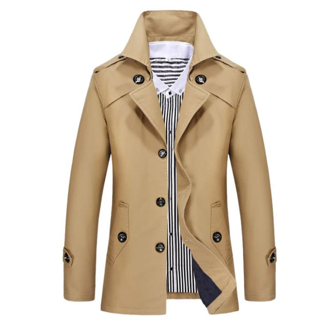 Men's Mid-Length Trench Coat | Classic Lapel Design | Tailored Silhouette | Full-Length Sleeves | Buttoned Cuffs | High-Quality Fabric | Elegant & Versatile | Cozy Insulation | Neutral Colors | Regular Fit