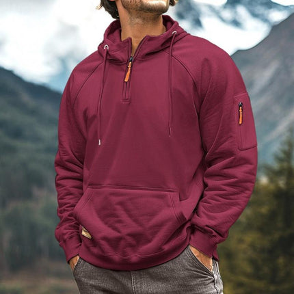 Men's Relaxed Fit Half-Zip Multi-Pocket Hooded Sweatshirt | Soft Cotton-Blend | Lightweight Fleece Lining | Adjustable Hood | Solid Color | Ribbed Cuffs | Casual Outerwear