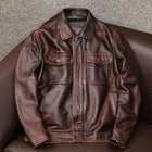 Men's Premium Vintage Leather Jacket | Lapel Collar | Long Sleeve | Double Chest Pockets | Genuine Leather | Solid Color with Distressing | Hip-Length | Regular Fit | Perfect for Fall, Winter, and Spring