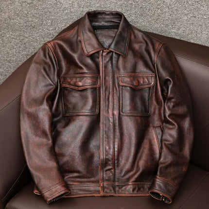 Men's Premium Vintage Leather Jacket | Lapel Collar | Long Sleeve | Double Chest Pockets | Genuine Leather | Solid Color with Distressing | Hip-Length | Regular Fit | Perfect for Fall, Winter, and Spring