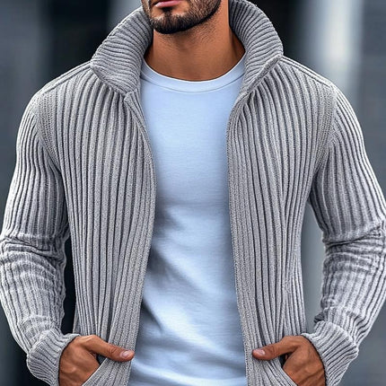 Men's Knit Cardigan | Stand Collar | Solid Color with Striped Details | Long Sleeve | Button-Down Front | Ribbed Cuffs & Hem | Sizes S-3XL | Fashionable Outwear for Casual or Smart-Casual Wear