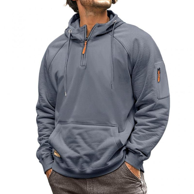 Men's Relaxed Fit Half-Zip Multi-Pocket Hooded Sweatshirt | Soft Cotton-Blend | Lightweight Fleece Lining | Adjustable Hood | Solid Color | Ribbed Cuffs | Casual Outerwear