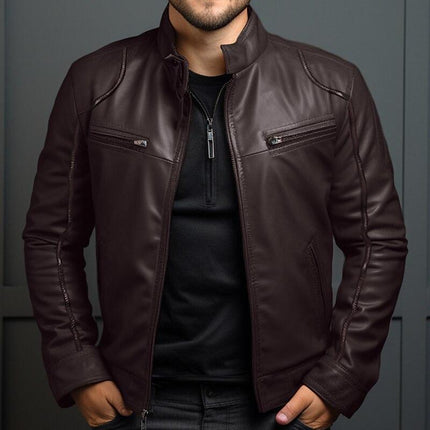 Men's Leather Jacket | Vintage Style Stand Collar | Slim Fit Zipper Jacket | High-Quality Leather | Modern Urban Fashion | Casual Elegance | Versatile Outerwear | Timeless Design
