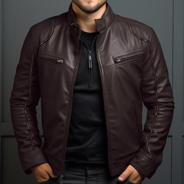 Men's Leather Jacket | Vintage Style Stand Collar | Slim Fit Zipper Jacket | High-Quality Leather | Modern Urban Fashion | Casual Elegance | Versatile Outerwear | Timeless Design