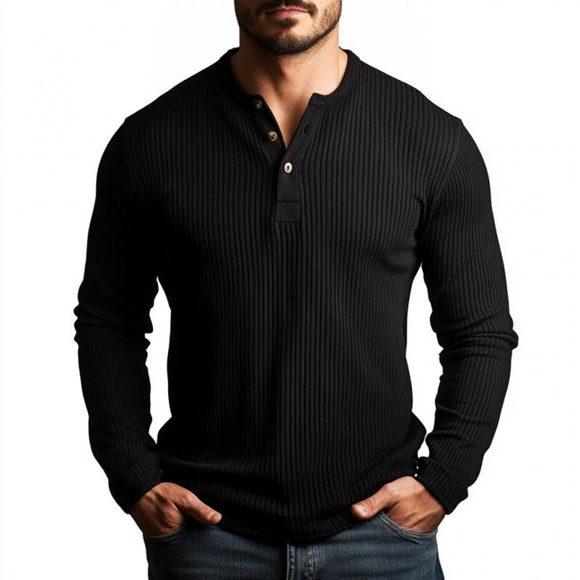Men's Long Sleeve Henley T-Shirt | Slim Fit Casual Rib Stripe | Button Placket | Premium Fabric | Versatile Styling | Comfortable Breathable | Modern Wardrobe Essential