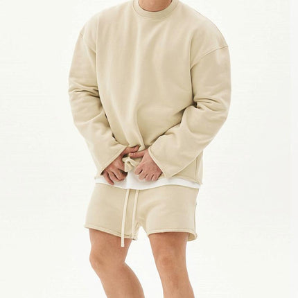 Men's Casual Loose Fit Sweatshirt & Shorts Set | Solid Color | Cotton Pullover | Autumn Winter Spring | Mid Waist | Short Pants | Long Sleeve