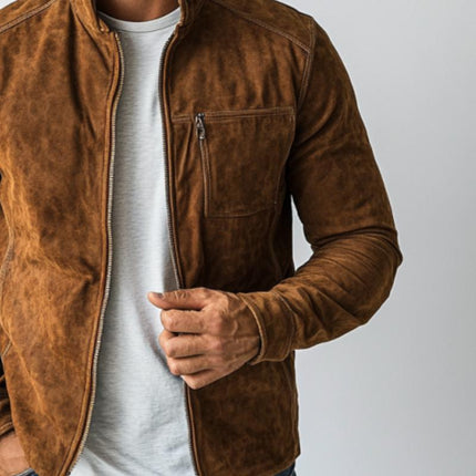 Men's Suede Jacket | Casual Zipper Stand Collar | Slim Fit | Long Sleeve | Short Length | Premium Suede | Solid Color | Functional Pockets | Autumn Spring Outerwear